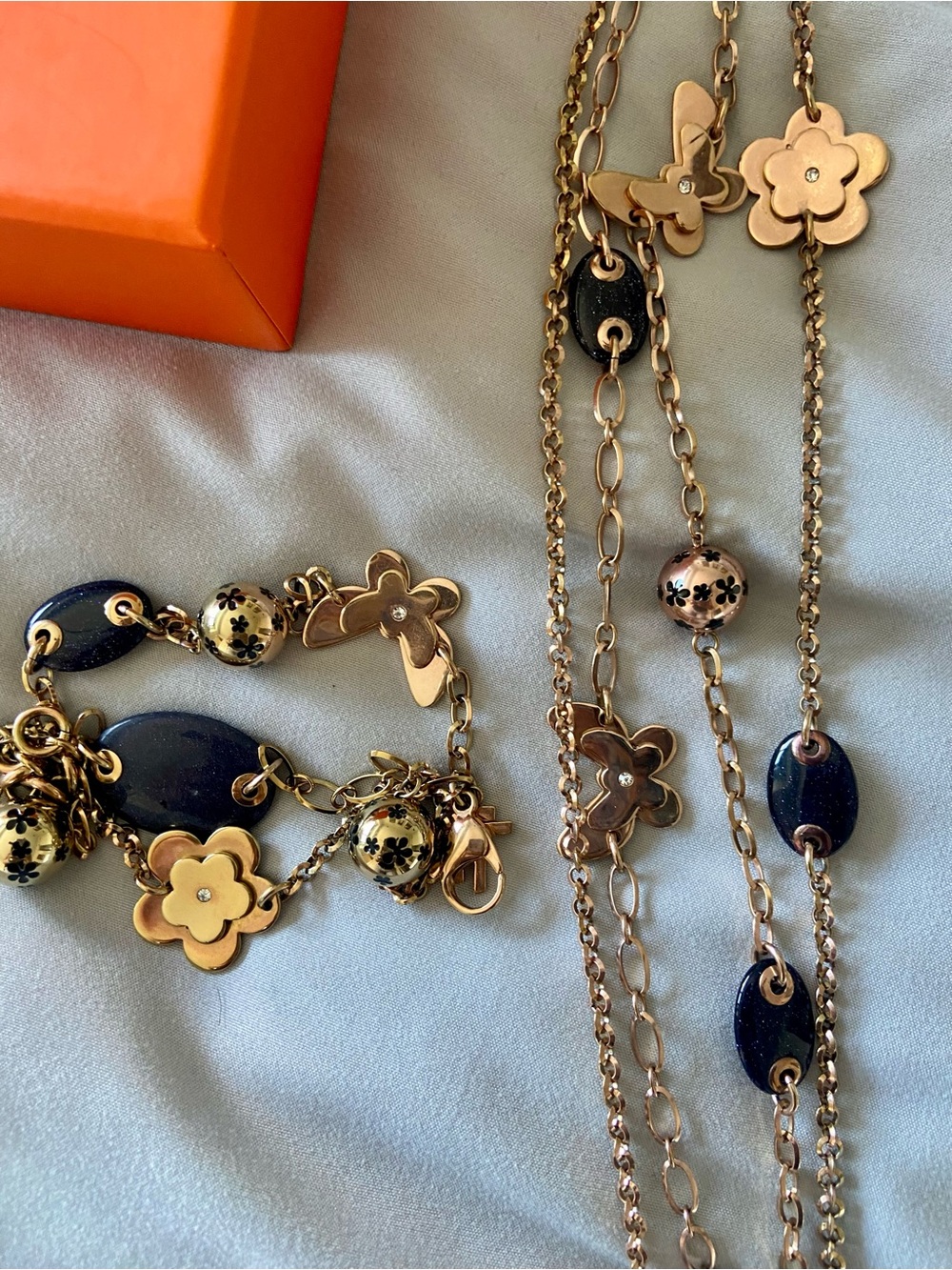 Rose Gold-Tone Flower & Navy Bead Layered Necklace — Folli Folli